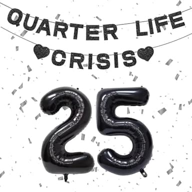25th Birthday Decoration for Women, Quarter Life Crisis Happy Birthday Banner Background, Black 25 Balloons Numbers Give Her Cheering 25th Party Gift, Black 25 Party Supplies