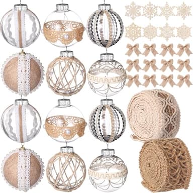 Aoriher 36 Pcs Farmhouse Christmas Ornaments Set Rustic Christmas Tree Decorations Burlap Xmas Ball Ornaments Hanging Xmas Tree Decorations for Rustic Country Party Holiday Decor