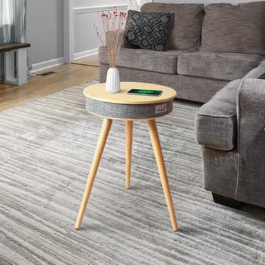 Louis Donné Smart End Table with Bluetooth Speakers, Round Side Table with Wireless Charger, Smart Coffee Table for Outdoor Pool Parties Patio Camping, 360 Degree Premium Sound (Log Color)