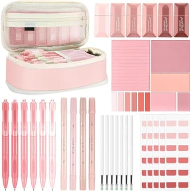 Janlaugh 38 Pcs Aesthetic College School Supplies with Pen Case Sticky Notes Gel Pens Highlighters Correction Tapes Back to School Stationery Kit(Pink Color,Classic)