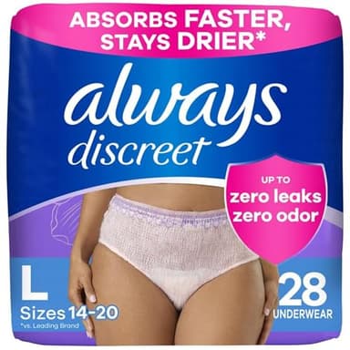 Always Discreet Adult Diapers for Women, Incontinence Underwear, Postpartum Essentials, Disposable Briefs, Max Absorbency, Bladder Leak Protection, Large, 28ct