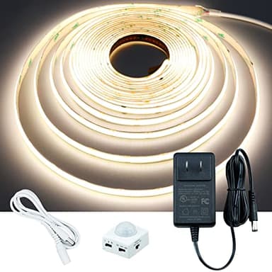 GOMING Motion Sensor COB LED Light Strip 16.4ft(5M) Natural White 4000K 3 Lighting Modes 3 Timing Off Modes 3 Brightness Modes with Power Adapter for Kitchen Cabinets Stair Showcase Bedroom Bed