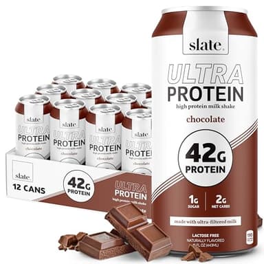 Slate Milk - Ultra Protein Shake - Chocolate - 42g Protein, 2g Sugar, 190 Calories, 4g Net Carbs - Lactose Free, No Added Sugar - Made with Ultra Filtered Milk - Breakfast Boost, Post Workout - 15 fl oz, 12 Cans