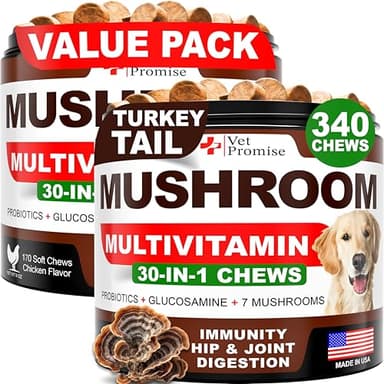 (2 Pack) Turkey Tail Mushroom for Dogs - 340 Chews - Mushroom Supplement for Dogs - Lions Mane - Reishi - Immunity Support Multivitamin Vitamins - Joint Health - Energy - Gut - Skin - Made in USA