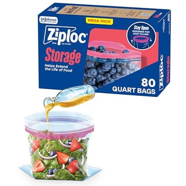 Ziploc Quart Food Storage Bags, Stay Open Design with Stand-Up Bottom, Easy to Fill, 80 Count