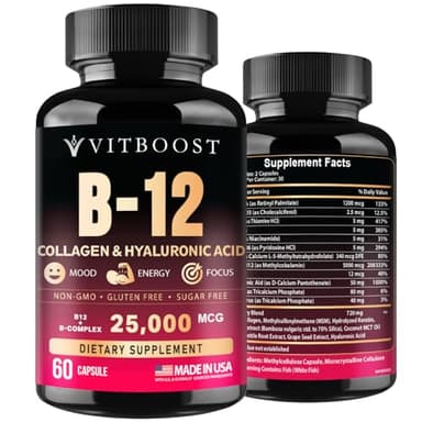 B12 with Hyaluronic Acid, Collagen and Folate – 25000 mcg B12 Complex | Maximize Absorption & Energy | Gluten Free USA Made, B1, B2, B3, B6, B7, B12 vitamins 5000 mcg Methylcobalamin - 60 Capsules