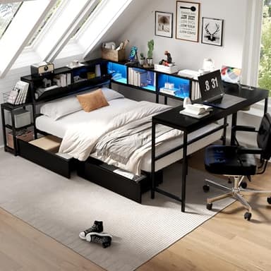 Bellemave Twin Corner Bed Frame with Desk and Storage, Twin Captains Bed with Charging Station,LED Light, Wood Daybeds with L-Shaped Bookcase and 2 Drawers, Black