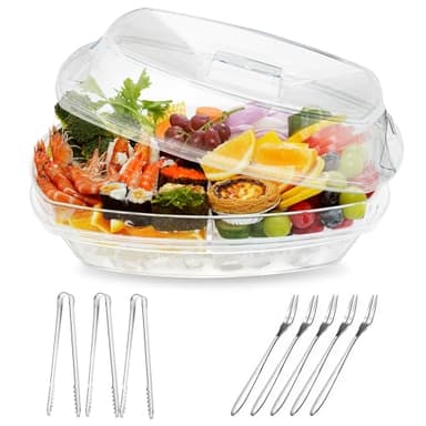 Luckore Chilled Ice Serving Tray, 15.1" Ice Chilled Party Platter, 3 Layers Veggie Platter with Lid, Stackable Appetizer Party with 4 Compartments for Shrimp, Fruits, Veggies