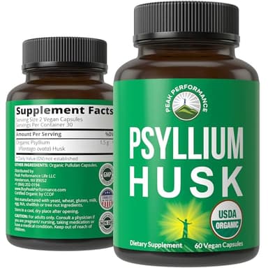 Peak Performance USDA Organic Psyllium Husk Vegan Capsules Made with Seed - Fiber Supplement for Gut - Digestive Prebiotics - for Digestion and Roughage Without Bloating - Vegan, Gluten-Free Pills