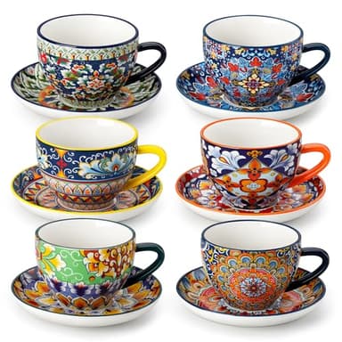 vancasso 8 oz Cappuccino Cups with Saucers Set of 6, Bohemian Ceramic Coffee Cup for Latte, Tea, Espresso, Microwave & Dishwasher Safe - Porcelain Latte Mugs for Kitchen or Cafe