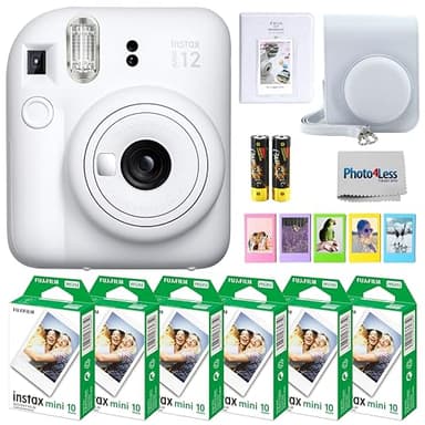 Fujifilm Instax Mini 12 Instant Camera Bundle with Fujifilm Instax Mini Instant Film Value Pack (60 Sheets) with Accessories Including Protective Case, Strap, Photo Album (Clay White)