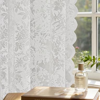 MIMUNULUX Vintage Floral Lace Sheer Curtains 84 Inches Long 2 Panels Victorian Ivory, Scalloped Edge Light Softening, Easy Install Rod Pocket Drapes for Bedroom Living Room French (W52xL84) White