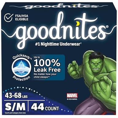 Goodnites Boys' Nighttime Bedwetting Underwear, Size S/M (43-68 lbs), 44 Ct (2 Packs of 22), Packaging May Vary