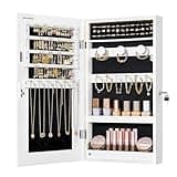 SONGMICS Mirror Jewelry Cabinet Armoire with Built-in LED Lights, Wall or Door Mounted Jewelry Storage Organizer, 3.8 x 14.6 x 26.4 Inches Hanging Mirror Cabinet, Gift Idea, White UJJC050W01