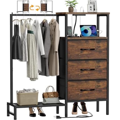 ZHNSYDN Dresser for Bedroom with Hanging Rack, 3 Drawers Closet with Charging Station, Fabric Chest of Drawers with Clothes Rack, Storage Organzier for Hallway Entryway, Brown