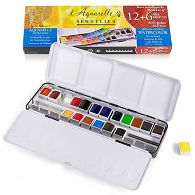 SENNELIER L'Aquarelle French Watercolor Paint, Metal Set of 18 Half Pans