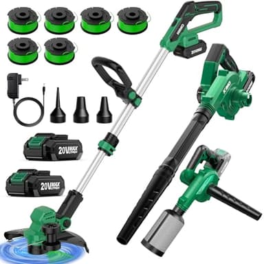 KIMO Weed Wacker and Blower Combo with 2 x 2.0Ah Battery & Charger, 12 Inch Electric Weed Eater w/6pcs Line Spools, 4-in-1 Leaf Blower Cordless w/Vacuum, 3 Nozzles & 20" Extended Tube for Yard, Garden