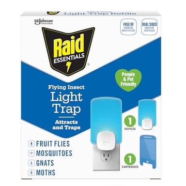 Raid Essentials Flying Insect Light Trap Starter Kit, 1 Plug-In Device + 1 Cartridge, Featuring Light Powered Attraction