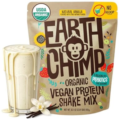 EarthChimp Organic Vegan Protein Powder - with Probiotics - Non GMO, Dairy Free, Non Whey, Plant Based Protein Powder for Women and Men, Gluten Free - 26 Servings 32 Oz (Vanilla) No Scoop