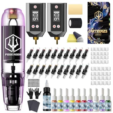 POSEIDON Tattoo Kit Tattoo Gun Kit, Tattoo Pen Kit with 2PCS 1400mAh Power Supply and 11 Tattoo Inks, Tattoo Machine Kit with 20pcs Tattoo Needles for Beginers