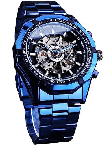 FORSINING Men's Watch Self-Wind Skeleton Hollow Out Mechanical Automatic Luxury Watches, Blue Black Stainless Steel Band Waterproof Wristwatch, Blue Black