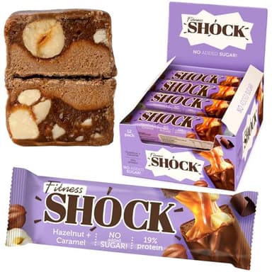 Fitness SHOCK Hazelnut Caramel Protein Bars - Gluten Free, No Added Sugar, Low Calorie Low Carb Snack - 10g Protein, 0g Added Sugar, 190 Kcal, 16g Net Carbs - 12 x 50g