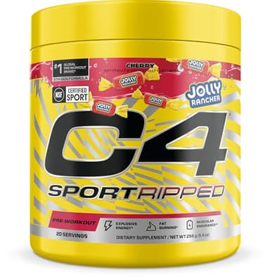 C4 Sport Ripped Pre Workout Powder - Jolly Rancher Cherry - NSF Certified for Sport - Elite Hydration - 200mg Caffeine + Creatine + Beta-Alanine - Electrolytes and Energy - 20 Servings
