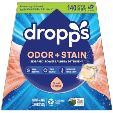Dropps Odor & Stain Laundry Detergent Pods, Orange Blossom (140 Count) - Powerful Laundry Pods | Complete Clean Laundry Soap | Fights Odors & Stains | Clean Ingredients | Plastic Free Packaging
