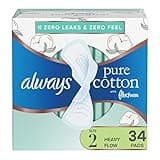 Always Pure Cotton Feminine Pads for Women, Size 2, Heavy Flow, with Wings, unscented, 34 CT