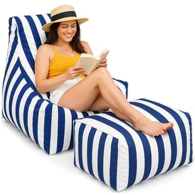 Briwooody Boat Bean Bag Chair Lounger with Ottoman Set, Waterproof Outdoor Marine Beanbag Chair for Adults Comfy Lazy Sofa Lounge Seating for Home Balcony Camping(Blue,White Stripes)