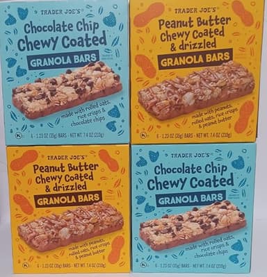 Trader Joes Peanut Butter Chewy Coated & Drizzled Granola Bars w/Peanuts & Rice Crisps Bundle with Kokobunch Kit - 7.4 oz 4 boxs
