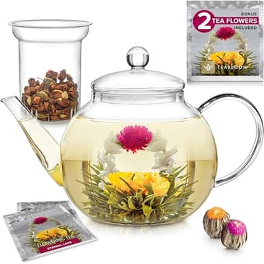 Teabloom Stovetop & Microwave Safe Glass Teapot with Removable Loose Tea Glass Infuser – Includes 2 Blooming Teas – 2-in-1 Tea Kettle and Tea Maker – Tea Purist's Choice