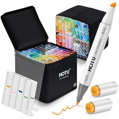 HOTU Alcohol Markers, [Beginner Preferred] 100 Vibrant Colors & Dual Tips Art Markers for Adult Coloring, with Pro Ink, Seamless Blend, Non-Bleeding Pad, & Color Card, for Amateurs/Artists