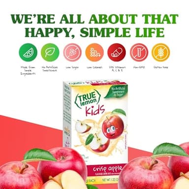 TRUE LEMON KIDS Crisp Apple (10 Packets) - Hydration, No Preservatives, No Artificial Flavors, No Sweeteners - Low Sugar Water Flavoring - Juice Powdered Drink Mix for Kids