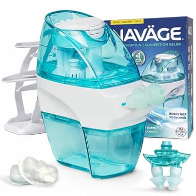 Navage® Nasal Irrigation System Premium Bundle, Nasal Rinse, Congestion Relief, 30 Seconds Sinus Cleaner w/ 90 SaltPods. 2 Nose Docks, 4 Pillows & Batteries, Powered Sinus Rinse System ($155+ Value)