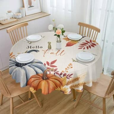 Liajuuhlgas Fall Round Tablecloth 54 Inch, Thanksgiving Autumn Pumpkin Leaf Pkant Round Table Cloth Waterproof & Washable Table Cover Decorative Tablecloth for Kitchen Dining Picnic Camping Party