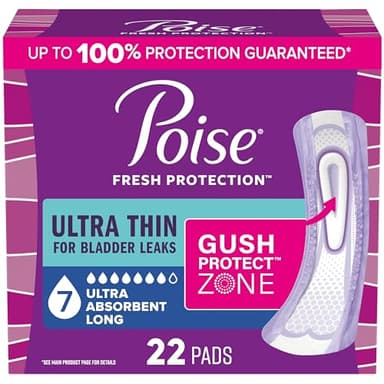 Poise Ultra Thin Incontinence & Postpartum Pads for Bladder Leaks, 7 Drop Ultra Absorbency, Long Length, 22 Count (Packaging May Vary)