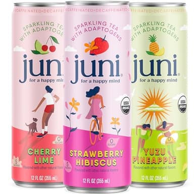 Juni Sparkling Adaptogen Drink with Ashwagandha, Lion’s Mane & Reishi Mushrooms | Green Tea for Focus, Zero Sugar, 5 Calories | Decaffeinated, Non Alcoholic Drinks – Variety Pack (12 Pack)