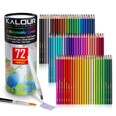 KALOUR 72-Color Professional Watercolor Pencils Set with Brush and Water Brush Pen, Hexagonal Shape, Blendable Wet or Dry, Water-Soluble Colored Pencils for Artists and Beginners