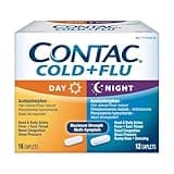 Contac Non-Drowsy Day & Multi-Symptom Night Cold & Flu Medicine, Maximum Strength Relief for Fever, Sore Throat, Nasal Congestion, Head & Body Aches, Runny Nose, 28 Count, 16 Day, 12 Night Caplets