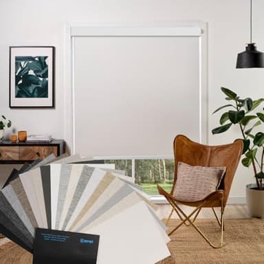 Motorized Blinds with Remote, Smart Roller Shades Compatible with Alexa, Automatic 100% Blackout Blinds Durable Rechargeable Battery Solar Power Customized Size Blackout Fabric Swatch