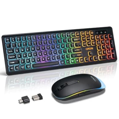 Wireless Keyboard and Mouse Combo, Rechargeable Rainbow LED Light Up Keyboard and Mouse 2.4GHz Quiet Mouse and Keyboard for Mac, Windows, Laptop, PC Xbox PS4 PS5 (Office/Gaming) (Wireless)