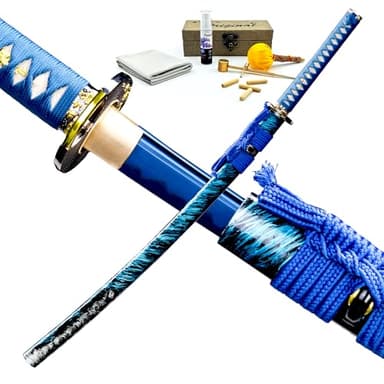 OKSs 1060 Blue Real Hamon Katana and Care Kit Combination,Includes a 1060 Blue Real Hamon Katana has Bohi and Katana Cleaning Kit