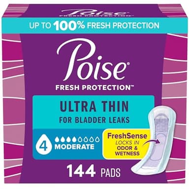 Poise Ultra Thin Incontinence Pads & Postpartum Pads for Bladder Leaks, 4 Drop Moderate Absorbency, Regular Length, 144 Count, Packaging May Vary