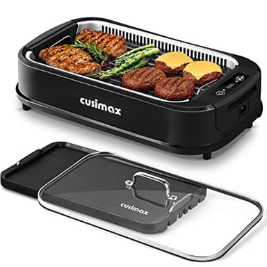 Indoor Grill, CUSIMAX Smokeless Grill Indoor, 1500W Electric Grill Griddle Korean BBQ with LED Smart Display & Tempered Glass Lid, Non-stick Removable Grill Plate & Griddle Plate, Black