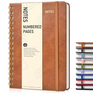 Lined Spiral Journal Notebook, A5 Hardcover Spiral Journals for Women Men, 150 Numbered Pages Spiral Bound Notebook, 100 GSM College Ruled Notebooks for Writing Note Taking 5.75" x 8.38", Brown