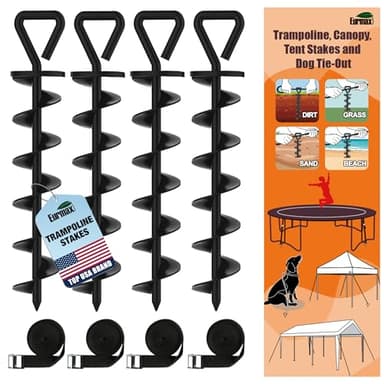 Eurmax USA Trampoline Stakes Heavy Duty Trampoline Parts Steel Stakes Anchor Kit for Trampolines Canopy Anchor Dog Tie Out Stakes -Set of 4 Bonus 4 Strong Belt(Black)