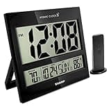 Sharp Atomic Clock - Never Needs Setting! - Jumbo 3" Easy to Read Numbers - Indoor/Outdoor Temperature Display with Wireless Outdoor Sensor - Gloss Black