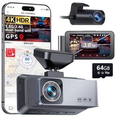 Gleetour Dash Cam Front and Rear, 4K HDR Dash Camera for Cars, 3" IPS Screen Dash Cam Built-in GPS with 5.8G WiFi UHD Night Vision Free 64G Card, Parking Monitor, G-Sensor