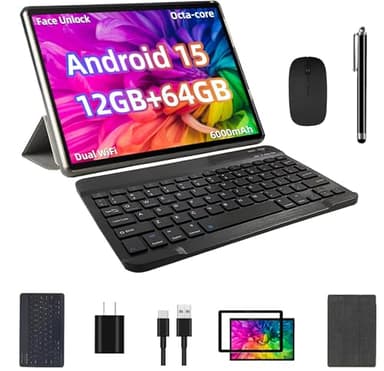 TUOHAITIME Android 15 Tablet, 12GB+64GB+1TB Expand, 10 Tablet Bundle with Keyboard Case, Stylus Pen, Octa-core CPU, Dual Camera, WiFi6, 6000mAh Battery+18W Fast Charge, Support Face Unlock,Black